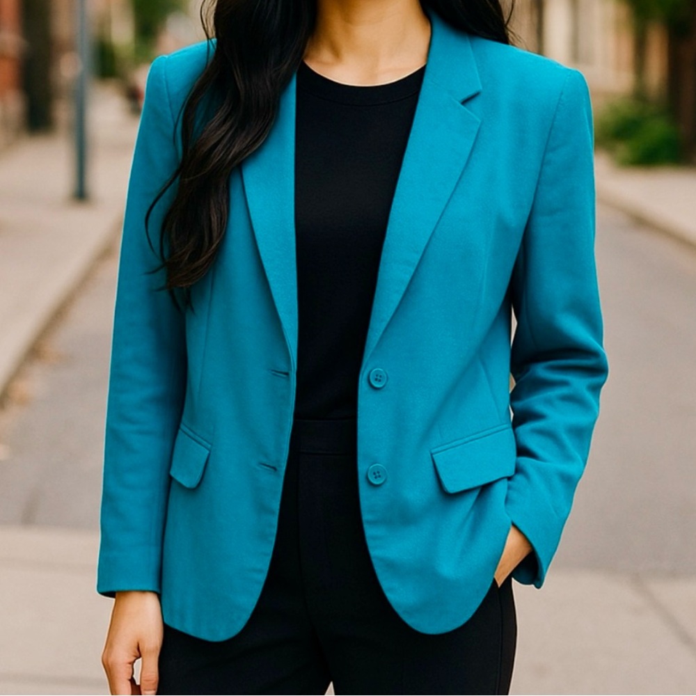 Vinatge 90s Personal Petite Blue Office  Chic Button Up Blazer Jacket Size 12